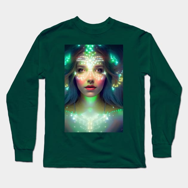 Glowing Green Stars - Goddess of Light Digital Fantasy Artwork Long Sleeve T-Shirt by Christine aka stine1